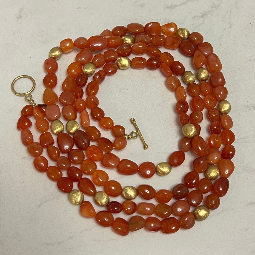 Vtg Carnelian Bead Necklace Gold Tone Brass Toggle Long Statement Boho
